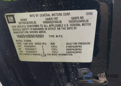 2005 GMC Envoy Xl Slt from USA, damaged, VIN 1GKES16S556163931